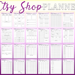 May include: A printable Etsy shop planner with a pink and white color scheme. The planner includes sections for tracking sales, inventory, marketing, and finances.