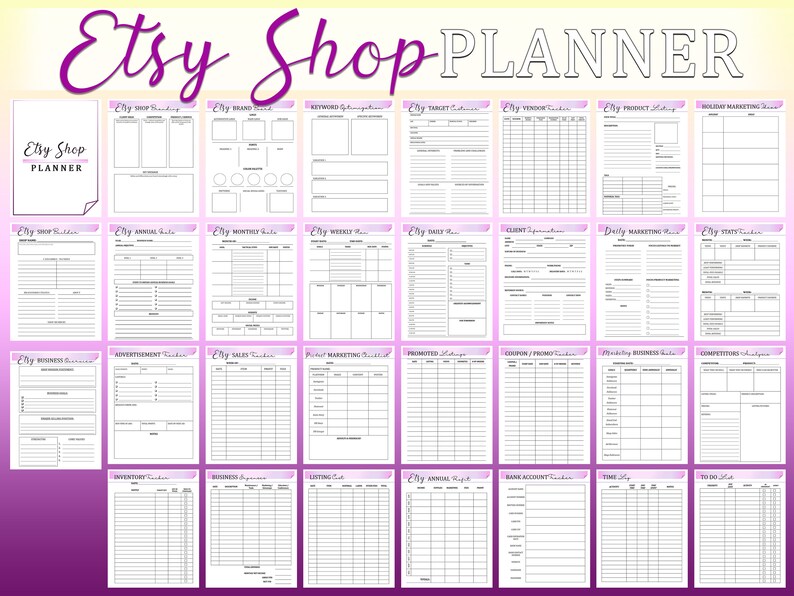 May include: A printable Etsy shop planner with a pink and white color scheme. The planner includes sections for tracking sales, inventory, marketing, and finances.