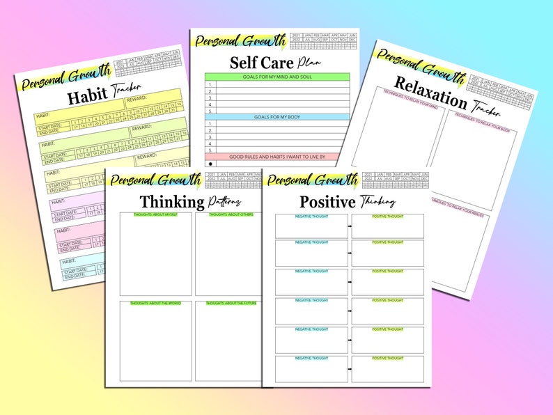 May include: A set of printable personal growth trackers and worksheets. The trackers are designed to help you track your habits, self-care, relaxation, thinking patterns, and positive thinking. The worksheets are in black and white with colorful headings.