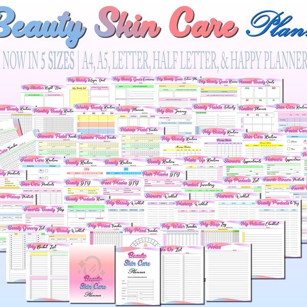 Beauty Planner Skincare Printable Self Care Planner Digital Makeup Glow Up Daily Routine Habits Classic Happy PDF Inserts A4 A5 Letter