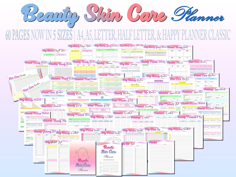 May include: A collection of printable pages for a beauty and skin care planner. The pages are organized into categories such as skin care routine, hair care routine, face mask DIY, and favorite beauty products. The pages are designed with a pink, yellow, and blue color scheme.