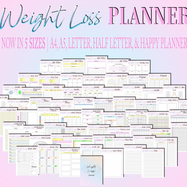Weight Loss Journal Tracker Planner Workout Fitness Printable Digital Meal Habits Calories Classic Happy PDF Inserts A4 A5 Letter Half