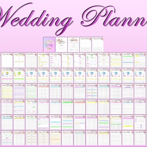 Op de afbeelding: Een printbare bruiloftplanner met 48 pagina's met checklists, budgetten en andere planningstools. De pagina's zijn versierd met bloemmotieven en hebben een roze achtergrond.