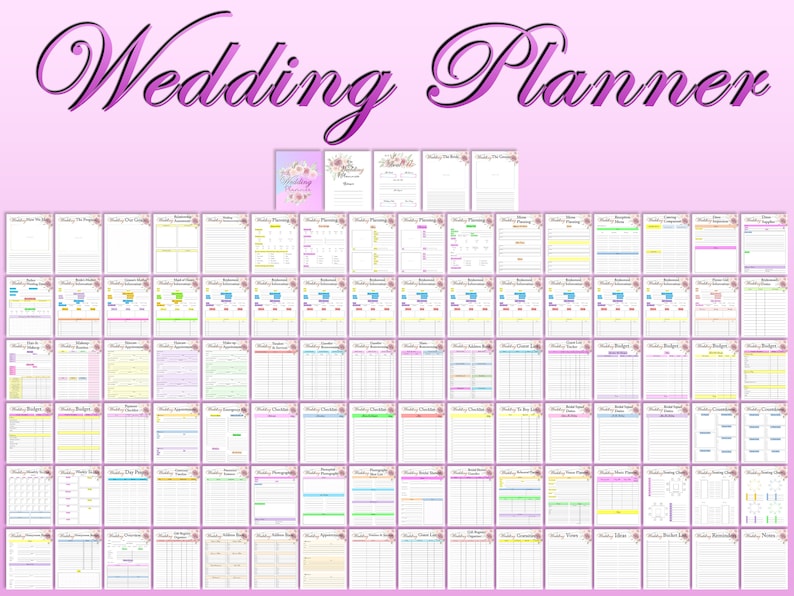 Op de afbeelding: Een printbare bruiloftplanner met 48 pagina's met checklists, budgetten en andere planningstools. De pagina's zijn versierd met bloemmotieven en hebben een roze achtergrond.