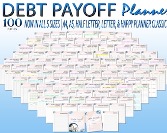 May include: A set of 100 printable pages for a debt payoff planner. The pages are organized in a grid and feature various financial tracking and budgeting tools. The pages are designed in a pink and blue color scheme with a diamond pattern.