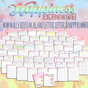 Peut inclure: Un collage de 71 pages d'un planificateur de bonheur imprimable en cinq tailles différentes : A4, A5, demi-lettre, lettre et Happy Planner Classic. Le planificateur comprend des pages pour la définition d'objectifs, le suivi des habitudes, les soins personnels, etc. Les pages sont décorées avec un schéma de couleurs arc-en-ciel pastel.