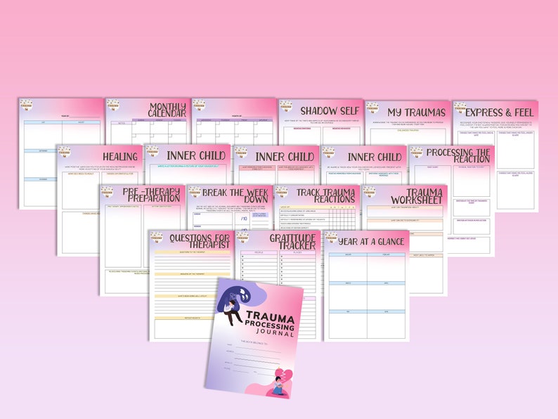 May include: A set of printable worksheets and a journal for processing trauma. The worksheets include sections for tracking trauma reactions, shadow self, inner child work, and gratitude. The journal has a pink and purple cover with the text "Trauma Processing Journal".