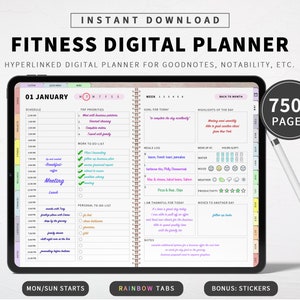 May include: A digital fitness planner displayed on a tablet with a rainbow tabbed interface. The planner features a schedule, top priorities, work to-do list, personal to-do list, meals log, notes, and a back to month view. The planner is designed for Goodnotes and Notability apps. The text on the screen reads "01 January", "Meeting", "Pizza & Bear Chips", "750+ Pages", "Mon/Sun Starts", "Rainbow Tabs", "Bonus: Stickers".
