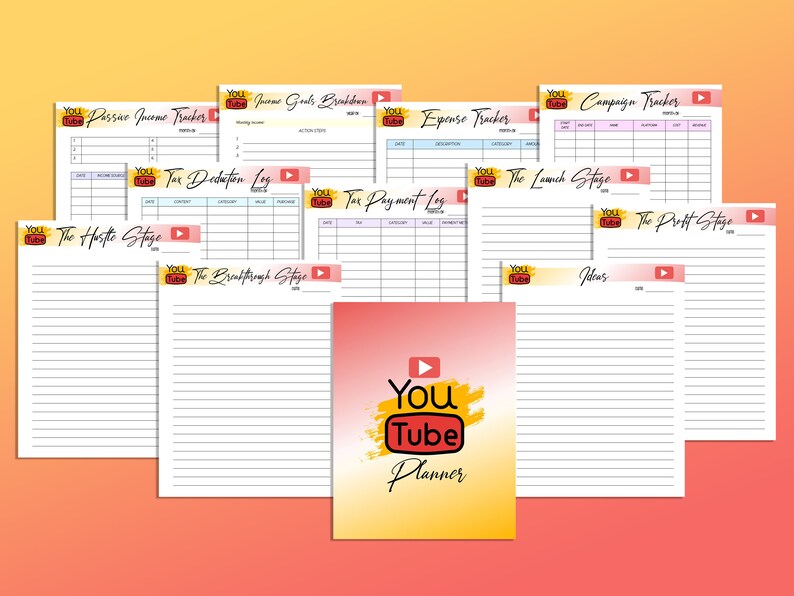 May include: A set of printable YouTube planner pages with a red, yellow, and orange gradient background. The pages include trackers for income, expenses, tax deductions, and more. The pages are designed to help you plan and track your YouTube channel's growth.
