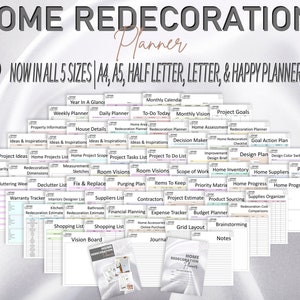 以下が含まれることがあります： A4、A5、ハーフレター、レター、ハッピープランナークラシックなど、さまざまなサイズで印刷可能な家の改装プランナーページのセットです。ページは、「年間計画」、「週間プランナー」、「日々のプランナー」、「プロジェクトアイデア」、「ホームプロジェクトリスト」、「プロジェクトタスクリスト」、「プロジェクトToDoリスト」、「ホームインベントリ」、「ホームサプライヤー」、「ペイントトラッカー」、「ショッピングリスト」、「ビジョンボード」、「ジャーナル」、「グリッドレイアウト」、「ブレインストーミング」、「ノート」などのカテゴリに分類されています。
