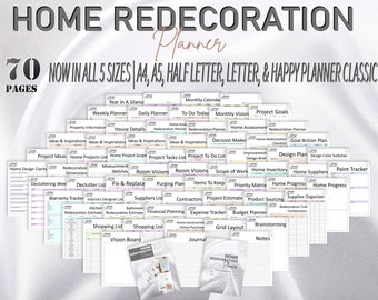 Può includere: Un set di pagine di pianificazione per la ristrutturazione della casa stampabili in diverse dimensioni, tra cui A4, A5, mezza lettera, lettera e Happy Planner Classic. Le pagine sono organizzate in categorie come "Anno in un colpo d'occhio", "Pianificatore settimanale", "Pianificatore giornaliero", "Idee di progetto", "Elenco dei progetti per la casa", "Elenco delle attività del progetto", "Elenco delle attività del progetto", "Inventario domestico", "Fornitori domestici", "Tracciamento della vernice", "Lista della spesa", "Vision Board", "Diario", "Layout della griglia", "Brainstorming" e "Note".