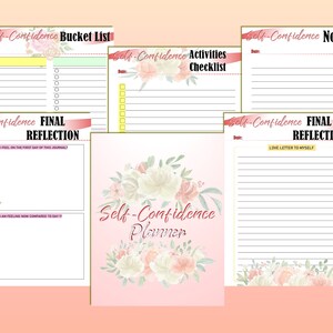 May include: A collection of pink and white self-confidence journals and planners. The planner features floral designs and the text "Self-Confidence Planner." Other pages include a bucket list, activities checklist, notes, and final reflection pages.