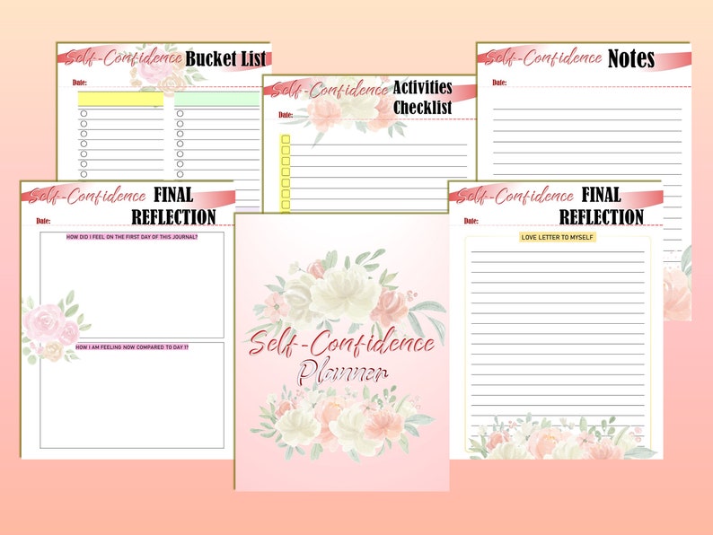 May include: A collection of pink and white self-confidence journals and planners. The planner features floral designs and the text "Self-Confidence Planner." Other pages include a bucket list, activities checklist, notes, and final reflection pages.