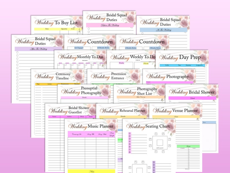Op de afbeelding: Een set printbare checklists en trackers voor het plannen van een bruiloft met bloemmotieven. De checklists omvatten takenlijsten, tijdlijnen, gastenlijsten en meer.