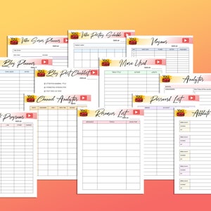 May include: A set of printable YouTube channel planner worksheets. The worksheets include sections for video series planning, blog planning, blog post checklists, music used, vlogmas, channel analytics, affiliate programs, resources list, password list, and affiliate links.