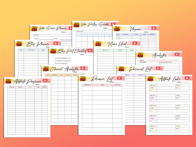 May include: A set of printable YouTube channel planner worksheets. The worksheets include sections for video series planning, blog planning, blog post checklists, music used, vlogmas, channel analytics, affiliate programs, resources list, password list, and affiliate links.