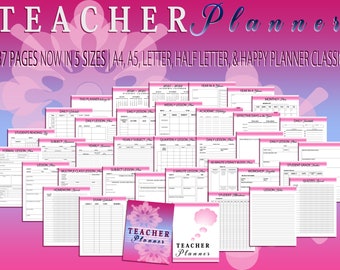 May include: A collection of printable teacher planner pages in various sizes, including A4, A5, Letter, Half Letter, and Happy Planner Classic. The pages are designed for teachers to organize their lessons, schedules, and student grades. The pages are printed in black and white on white paper. The pages are arranged in a grid pattern on a pink and purple background.