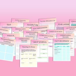 May include: A collection of printable worksheets and journal prompts designed to help manage anxiety and stress. The worksheets include titles like "Putting Thoughts on Trial", "Decisional Balance Worksheet", "Understanding Triggers", "Fact or Opinion", "Fear Ladder", "Gratitude Journal Prompts", "Anxiety in My Body", "Alternative Action Plan", "SOS Thermometer", "Positive Journal Prompts", "ABC Journal", and "Reacting to Stress".