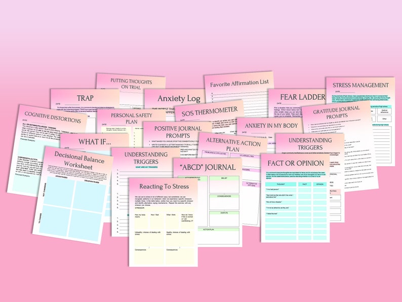 May include: A collection of printable worksheets and journal prompts designed to help manage anxiety and stress. The worksheets include titles like "Putting Thoughts on Trial", "Decisional Balance Worksheet", "Understanding Triggers", "Fact or Opinion", "Fear Ladder", "Gratitude Journal Prompts", "Anxiety in My Body", "Alternative Action Plan", "SOS Thermometer", "Positive Journal Prompts", "ABC Journal", and "Reacting to Stress".