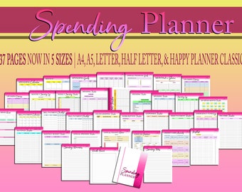 Pode incluir: Uma coleção de 37 páginas imprimíveis para um planejador de gastos em cinco tamanhos: A4, A5, Carta, Meia Carta e Happy Planner Classic. As páginas são rosa e brancas com acentos coloridos e incluem rastreadores para gastos, contas, economias, rendimentos e mais.
