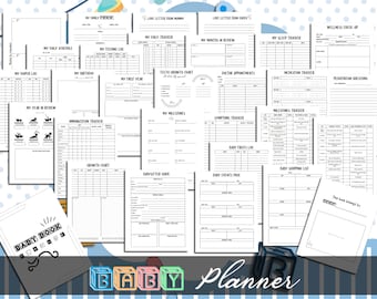 May include: A printable baby planner with a blue and white checkered background. The planner includes pages for tracking baby's milestones, sleep, feeding, growth, and more. The planner also includes a section for a love letter from mommy and a love letter from daddy.
