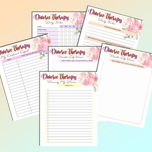 May include: Five printable worksheets with floral designs and titles related to divorce therapy. The worksheets include "Daily Tracker", "My Emotional Support", "Possible Self Vision", "Best Family Life I Could Have in 10 Years", and "Planning My Dreams".