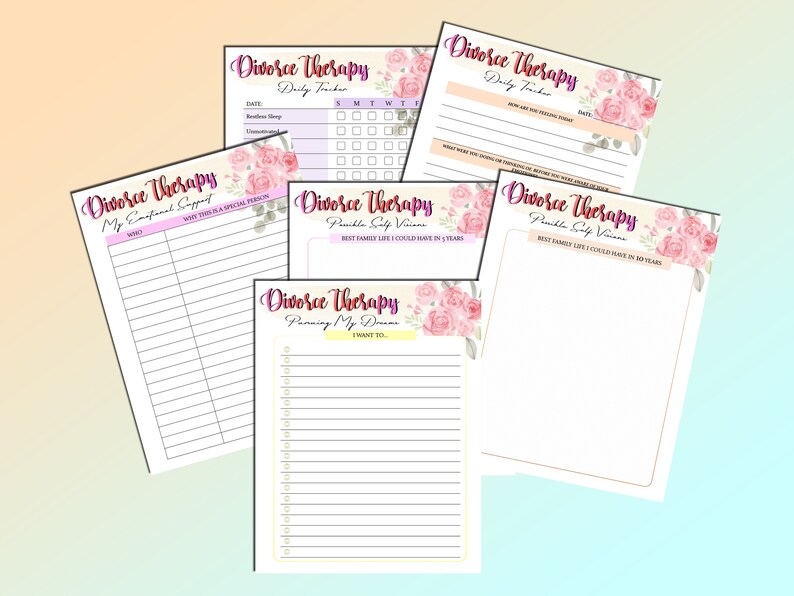 May include: Five printable worksheets with floral designs and titles related to divorce therapy. The worksheets include "Daily Tracker", "My Emotional Support", "Possible Self Vision", "Best Family Life I Could Have in 10 Years", and "Planning My Dreams".