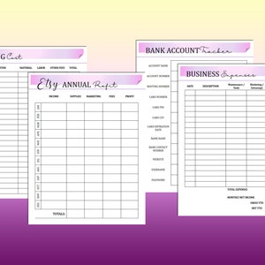 May include: Printable Etsy shop business planner with sections for listing costs, annual profit, and bank account tracking. The planner has a pink and purple gradient background.