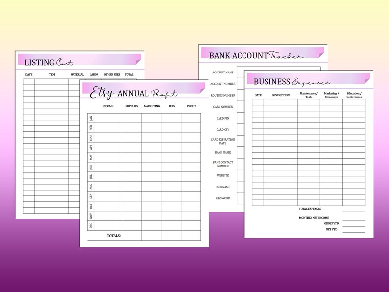 May include: Printable Etsy shop business planner with sections for listing costs, annual profit, and bank account tracking. The planner has a pink and purple gradient background.