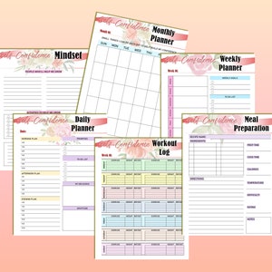 May include: A collection of self-help planners with floral accents. The set includes a monthly, weekly, and daily planner, a workout log, a meal preparation guide, and a mindset journal. Each planner features a different layout and design, with a soft pink background.