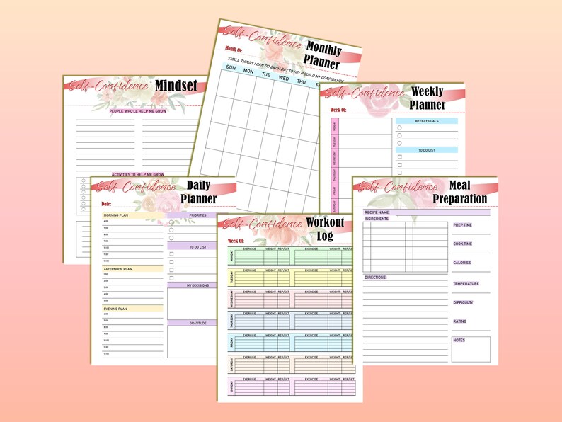 May include: A collection of self-help planners with floral accents. The set includes a monthly, weekly, and daily planner, a workout log, a meal preparation guide, and a mindset journal. Each planner features a different layout and design, with a soft pink background.