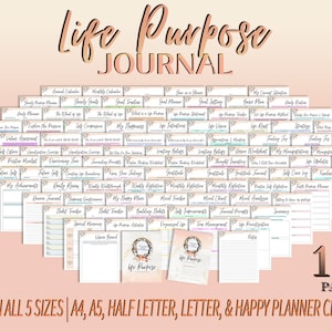 May include: A digital printable journal with 100 pages for self-reflection and goal setting. The journal cover features a pink and white floral design with the text "Life Purpose Journal".