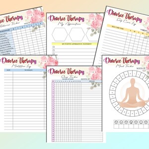 May include: A set of printable worksheets for divorce therapy. The worksheets include sections for tracking behavior, self-care, sleep, mood, and affirmations. The worksheets are decorated with pink floral illustrations.