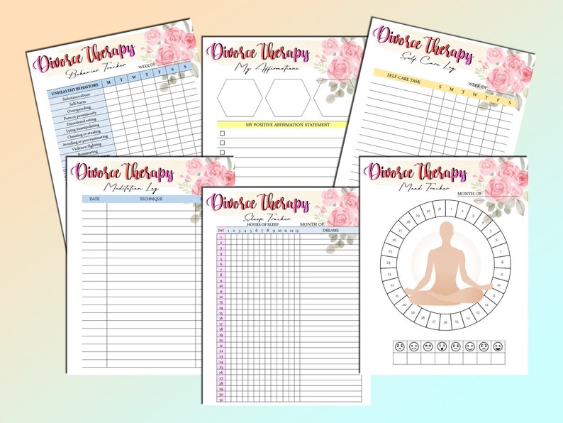 May include: A set of printable worksheets for divorce therapy. The worksheets include sections for tracking behavior, self-care, sleep, mood, and affirmations. The worksheets are decorated with pink floral illustrations.