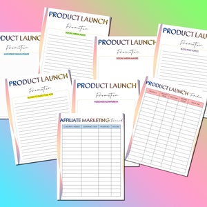 May include: A set of printable product launch checklists and trackers. The checklists include sections for social media posts, blog post topics, guest posts, podcasts, and affiliate marketing. The tracker is for tracking product launches, dates, discounts, income, and tasks.