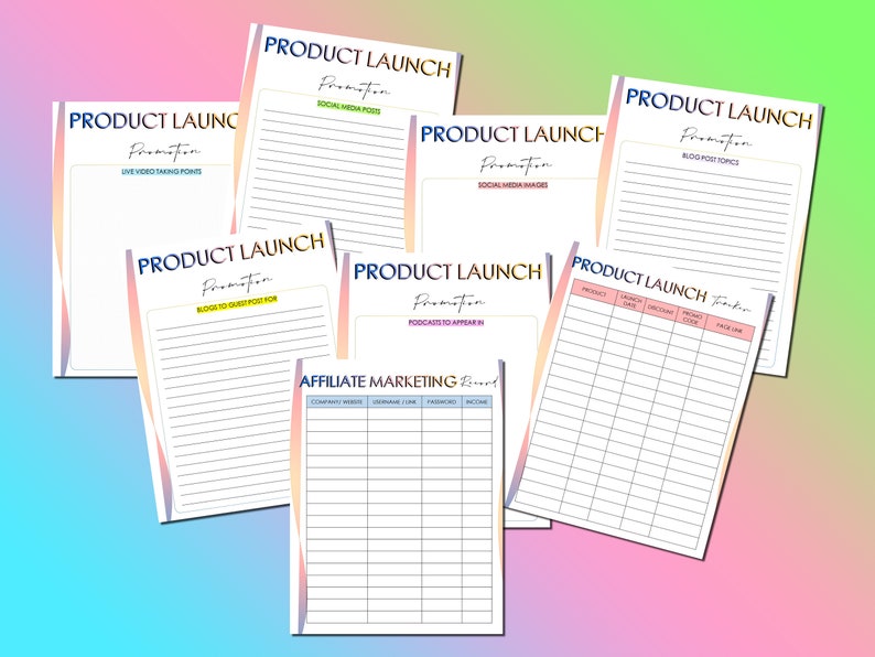 May include: A set of printable product launch checklists and trackers. The checklists include sections for social media posts, blog post topics, guest posts, podcasts, and affiliate marketing. The tracker is for tracking product launches, dates, discounts, income, and tasks.