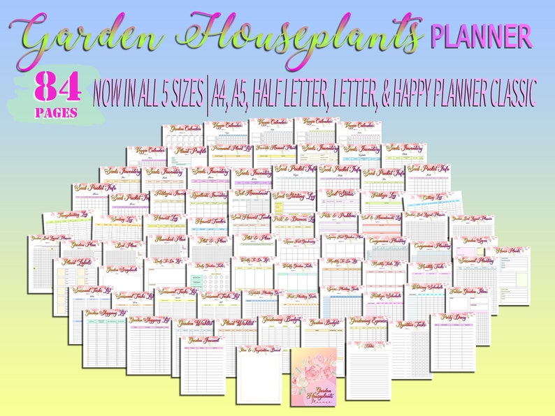 Puede incluir: Un planificador imprimible para plantas de interior de jard&iacute;n con 84 p&aacute;ginas. El planificador est&aacute; disponible en cinco tama&ntilde;os: A4, A5, media carta, carta y Happy Planner Classic. El planificador incluye p&aacute;ginas para calendarios mensuales, perfiles de plantas, inicio de semillas, etc.