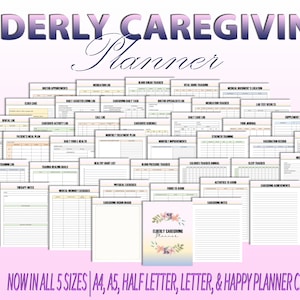May include: A printable planner for caregivers of elderly individuals. The planner includes 42 pages with various sections for tracking medication, appointments, daily care, and more. The planner is available in five sizes: A4, A5, Half Letter, Letter, and Happy Planner Classic.