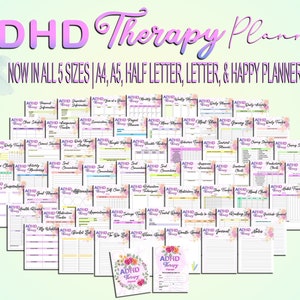 May include: A collection of 60 printable pages for an ADHD Therapy Planner. The pages are organized in a grid pattern and feature a variety of colorful designs and text. The planner is available in five sizes: A4, A5, Half Letter, Letter, and Happy Planner Classic.
