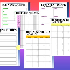 Puede incluir: Cuatro p&aacute;ginas de planificador de negocios imprimibles con texto negro sobre papel blanco. Las p&aacute;ginas se titulan "Business Equipment", "Business To Do's Weekly", "Business To Do's Daily" y "Business To Do's Month Of".