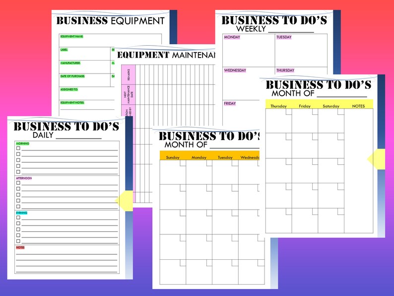 Puede incluir: Cuatro p&aacute;ginas de planificador de negocios imprimibles con texto negro sobre papel blanco. Las p&aacute;ginas se titulan "Business Equipment", "Business To Do's Weekly", "Business To Do's Daily" y "Business To Do's Month Of".