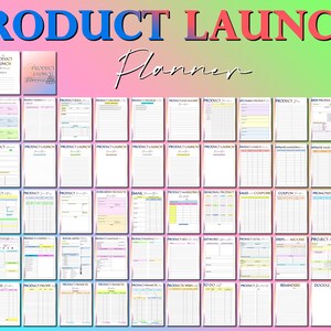 May include: A colorful printable product launch planner with sections for product details, marketing, sales, and more. The planner includes headings like "Product Idea", "Product Marketing", "Seasonal Product", "Sales & Coupons", "Coupon", "Projected Profit", "Order", "Product Goal", "Steps to Success", "Product Launch", "Product Marketing", "Product Wish List", "To Do", "Product Summary", "Reminders", "Doodle", and "Notes".