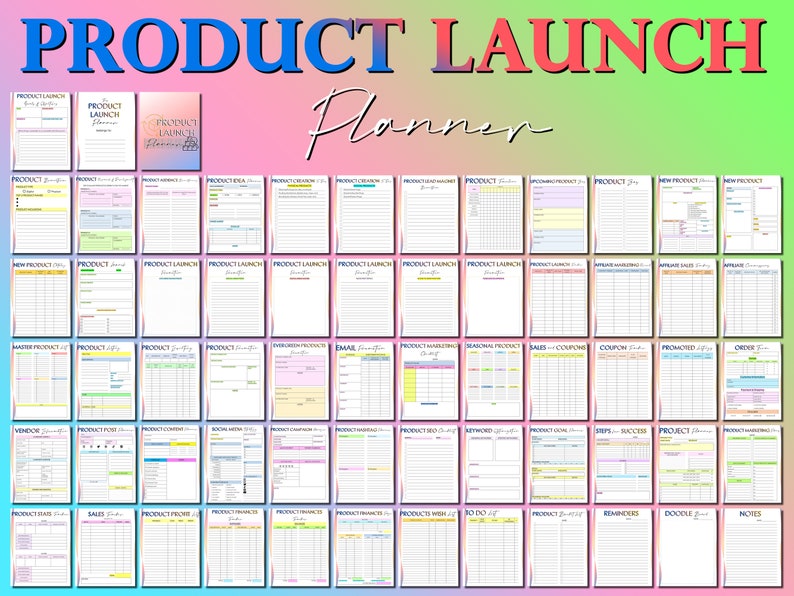 May include: A colorful printable product launch planner with sections for product details, marketing, sales, and more. The planner includes headings like "Product Idea", "Product Marketing", "Seasonal Product", "Sales & Coupons", "Coupon", "Projected Profit", "Order", "Product Goal", "Steps to Success", "Product Launch", "Product Marketing", "Product Wish List", "To Do", "Product Summary", "Reminders", "Doodle", and "Notes".