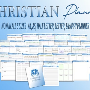 Puede incluir: Un planificador cristiano de 35 páginas, disponible en cinco tamaños: A4, A5, media carta, carta y Happy Planner Classic. El planificador presenta una variedad de páginas para organizar tu fe, incluyendo diarios de oración, notas de sermones y registros de estudio bíblico.