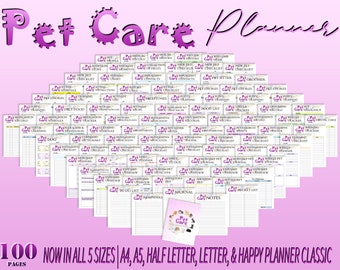 May include: A set of 100 printable pet care planner pages in five sizes: A4, A5, half letter, letter, and Happy Planner Classic. The pages are organized in a grid pattern and feature a variety of pet care topics, including medication, training, diet, grooming, and more.