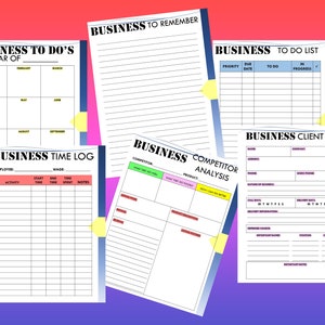 Puede incluir: Un conjunto de p&aacute;ginas de planificaci&oacute;n empresarial imprimibles con encabezados como "Business To Do's", "Business To Remember", "Business Time Log", "Business Competitor Analysis" y "Business Client Info".