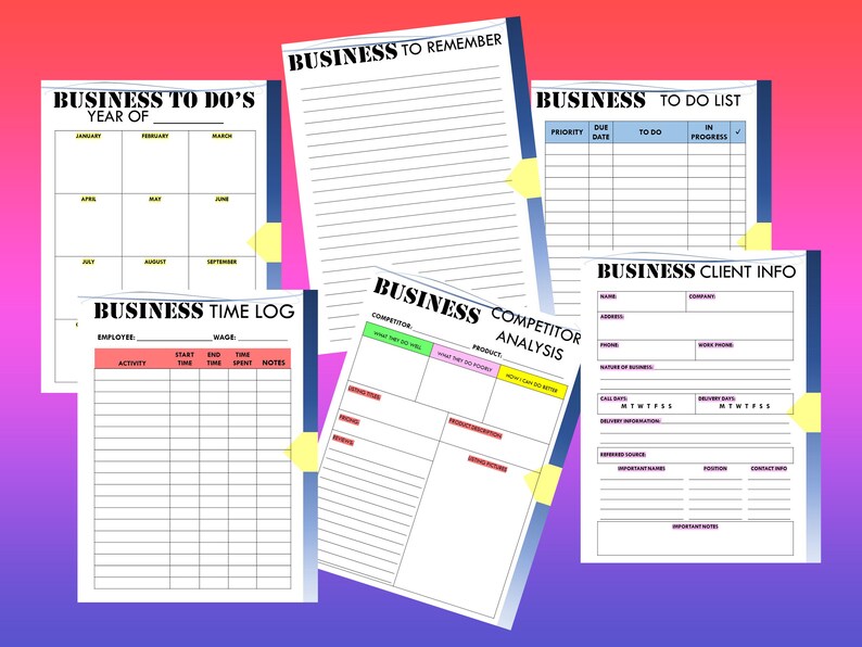 Puede incluir: Un conjunto de p&aacute;ginas de planificaci&oacute;n empresarial imprimibles con encabezados como "Business To Do's", "Business To Remember", "Business Time Log", "Business Competitor Analysis" y "Business Client Info".