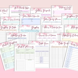 May include: A set of printable business planning worksheets with floral designs. The worksheets include sections for ideal client offer, customer contact information, seller's timescale, seller's medical information, seller's yearly planner, supplies to order, supplies, returns and exchange form, business annual orders, mileage tracker, advertising calendar, product suppliers, product planning, order form, order tracker, and monthly focus habit tracker.