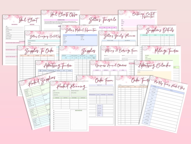 May include: A set of printable business planning worksheets with floral designs. The worksheets include sections for ideal client offer, customer contact information, seller's timescale, seller's medical information, seller's yearly planner, supplies to order, supplies, returns and exchange form, business annual orders, mileage tracker, advertising calendar, product suppliers, product planning, order form, order tracker, and monthly focus habit tracker.