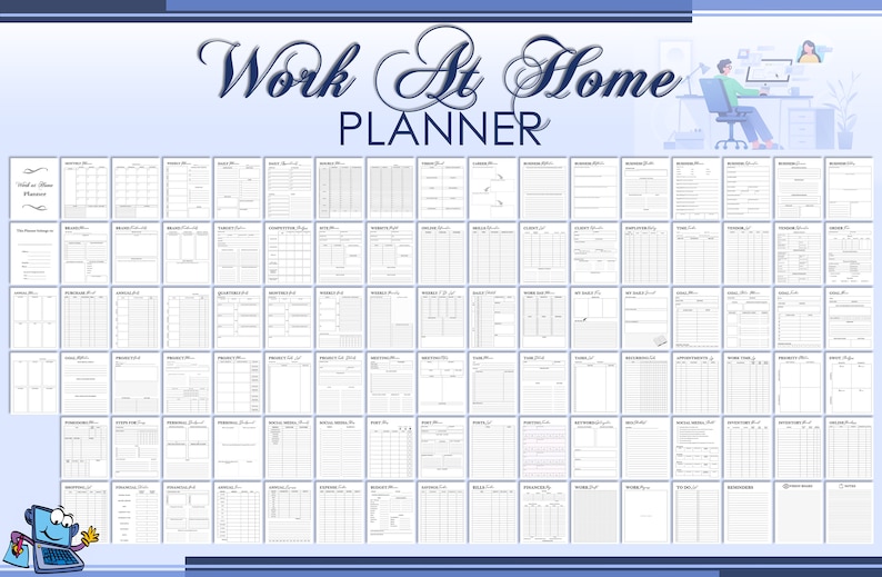 Puede incluir: Un planificador imprimible en blanco y negro con el texto "Work At Home Planner" en la parte superior. El planificador incluye p&aacute;ginas para la planificaci&oacute;n diaria, semanal y mensual, as&iacute; como para el establecimiento de objetivos y el seguimiento de h&aacute;bitos.